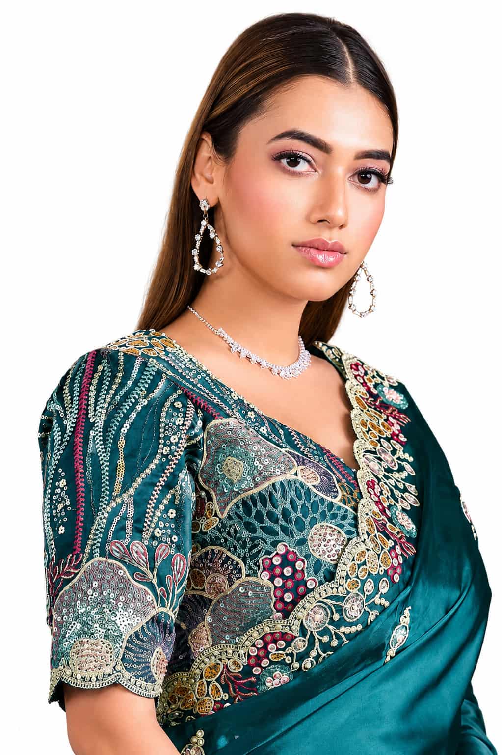 Peacock Blue Crush Satin Silk Saree - Naksh Creation