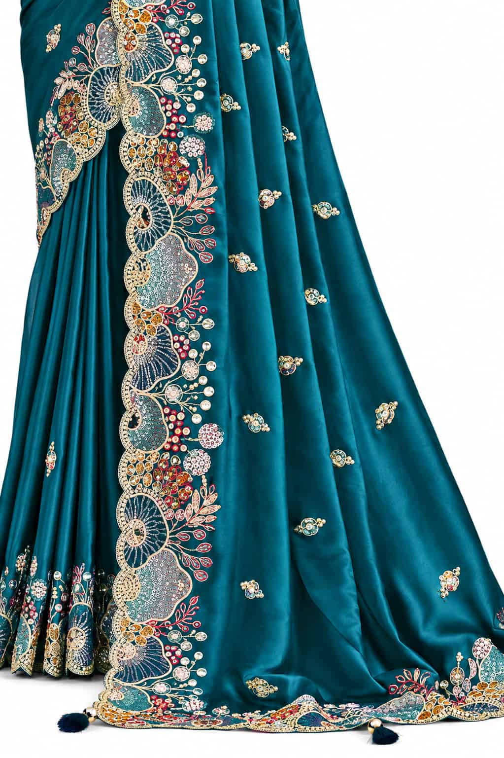 Peacock Blue Crush Satin Silk Saree - Naksh Creation