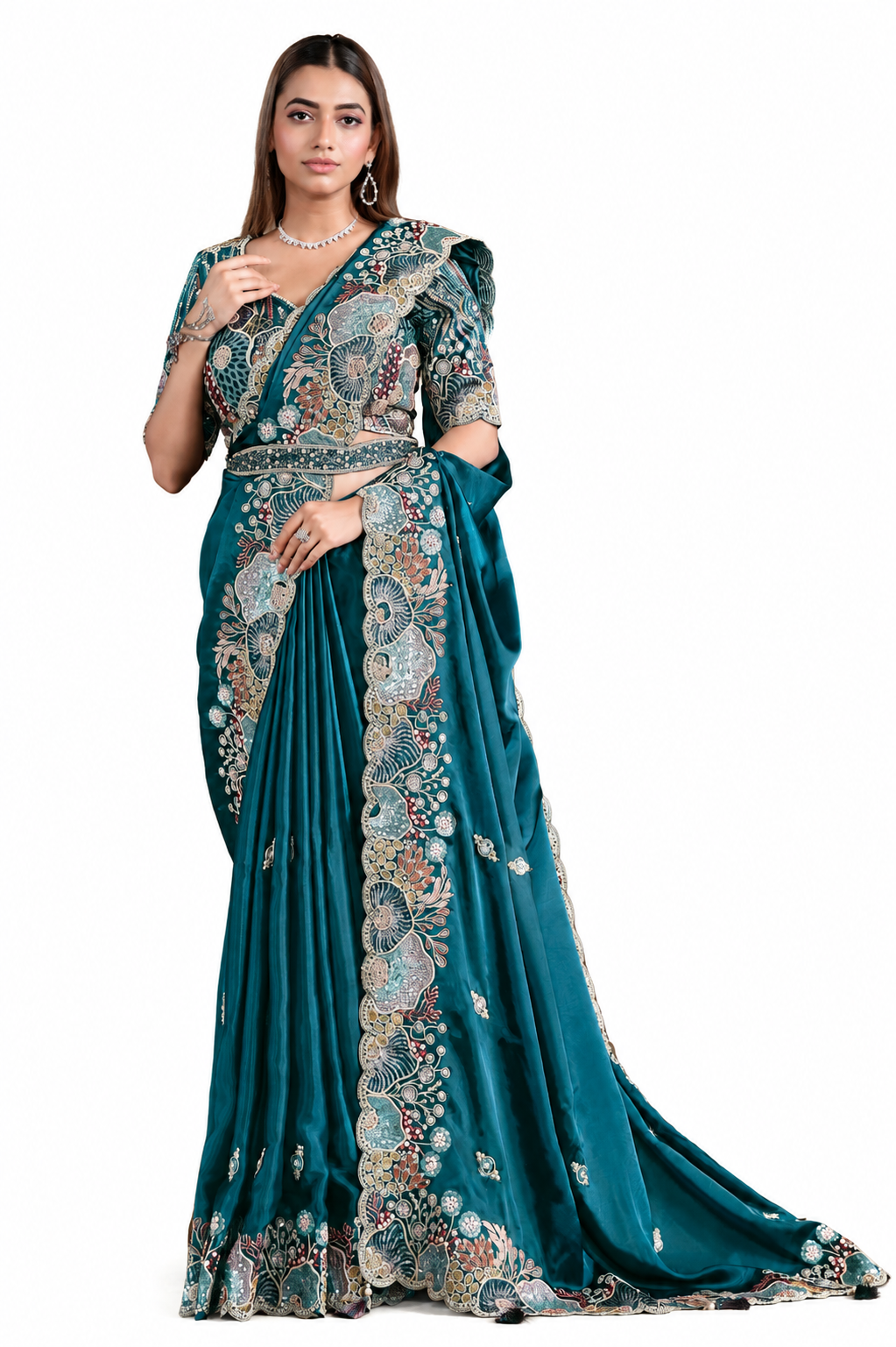 Peacock Blue Crush Satin Silk Saree - Naksh Creation