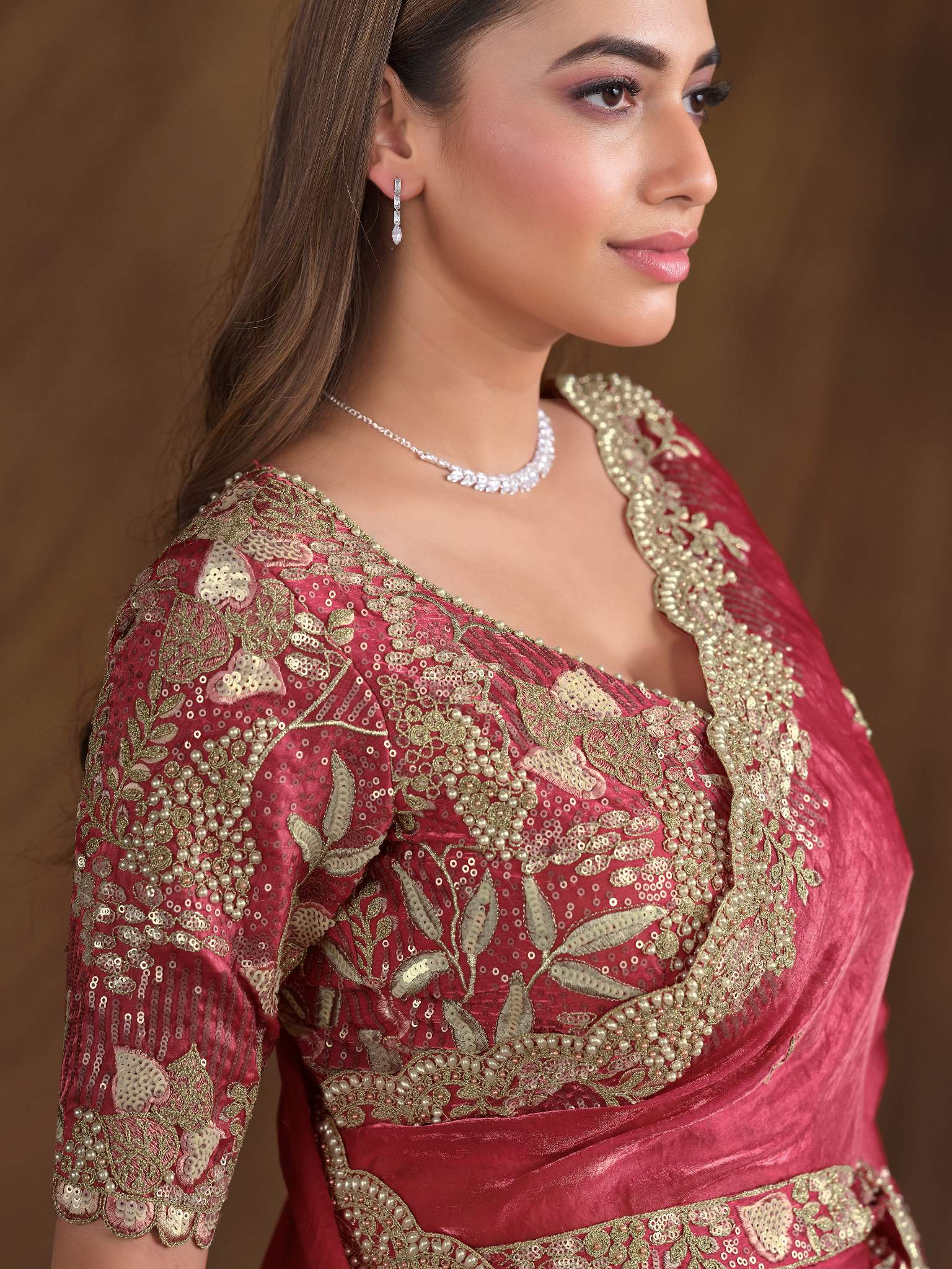 Pink Two Tone Satin Silk Multi Sequins with Pure Hand work and Pearl work Saree - View 2