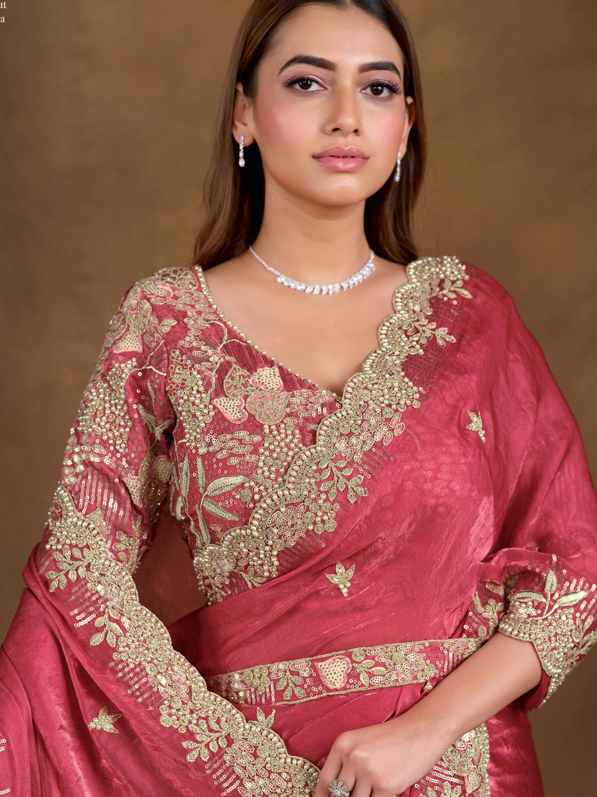 Pink Two Tone Satin Silk Multi Sequins with Pure Hand work and Pearl work Saree - View 3