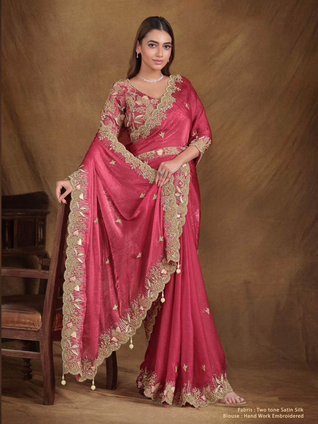 Pink Two Tone Satin Silk Multi Sequins with Pure Hand work and Pearl work Saree - View 4