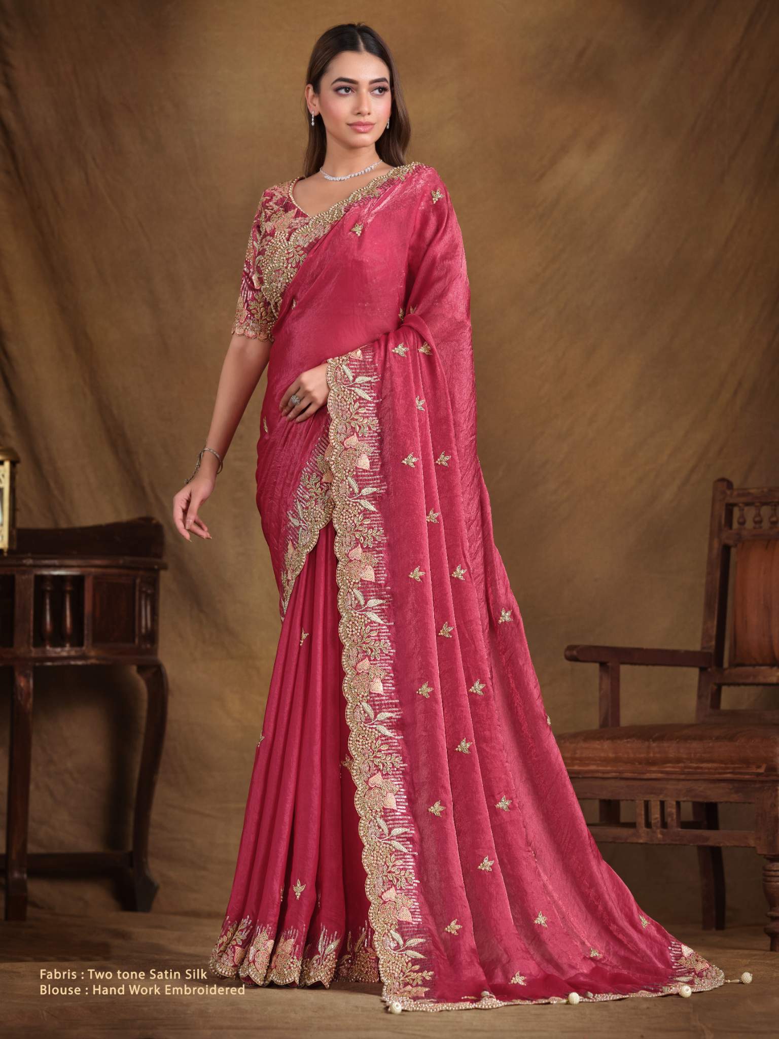 Pink Two Tone Satin Silk Multi Sequins with Pure Hand work and Pearl work Saree - View 1