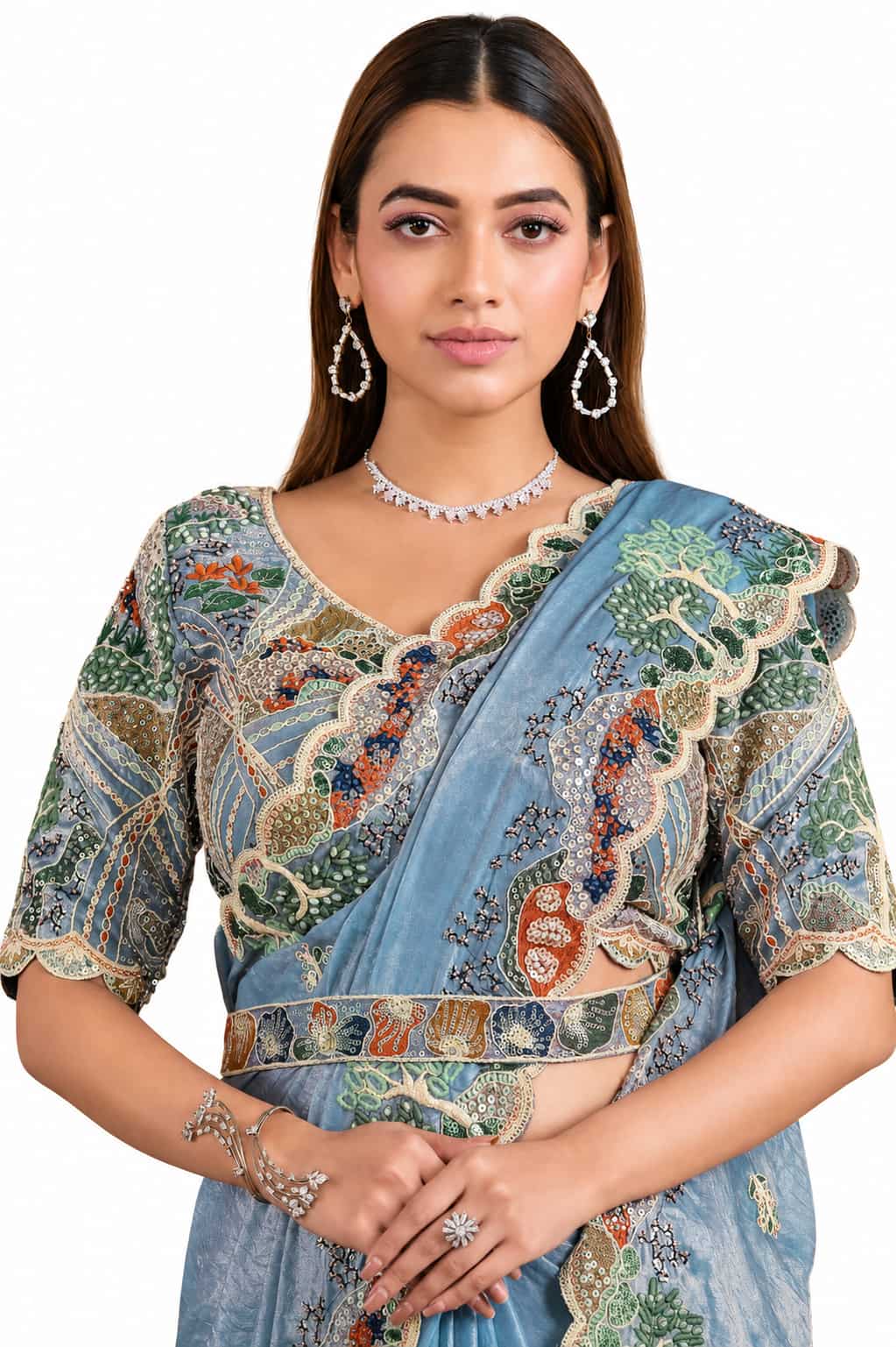 Powder Blue Two Tone Satin Silk Saree - Naksh Creation