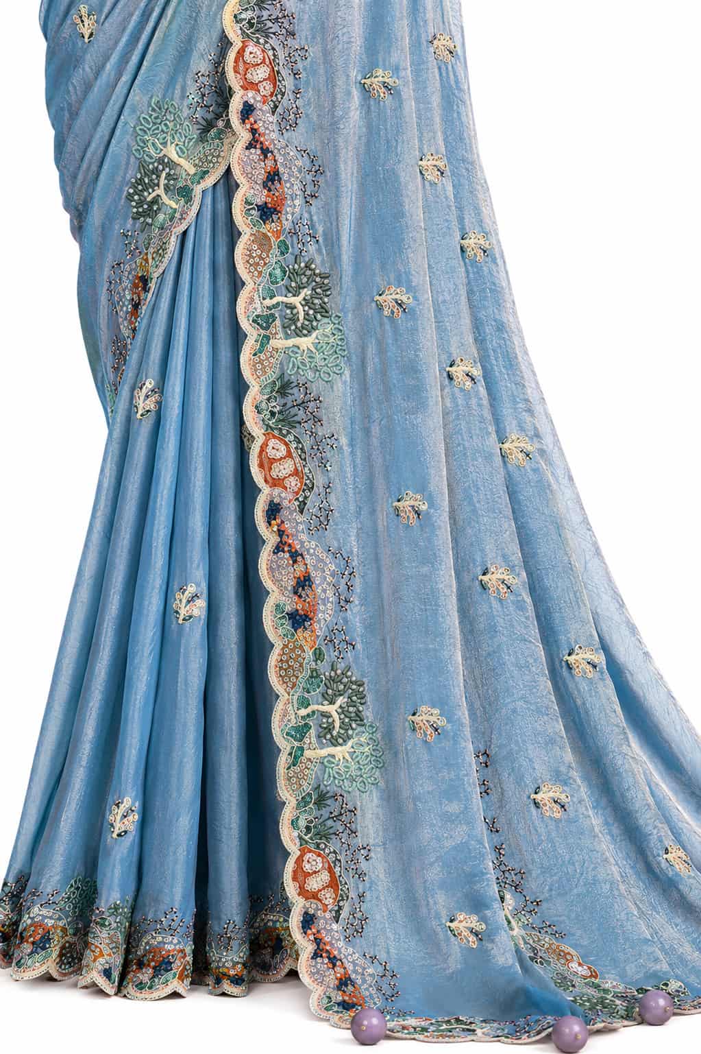 Powder Blue Two Tone Satin Silk Saree - Naksh Creation