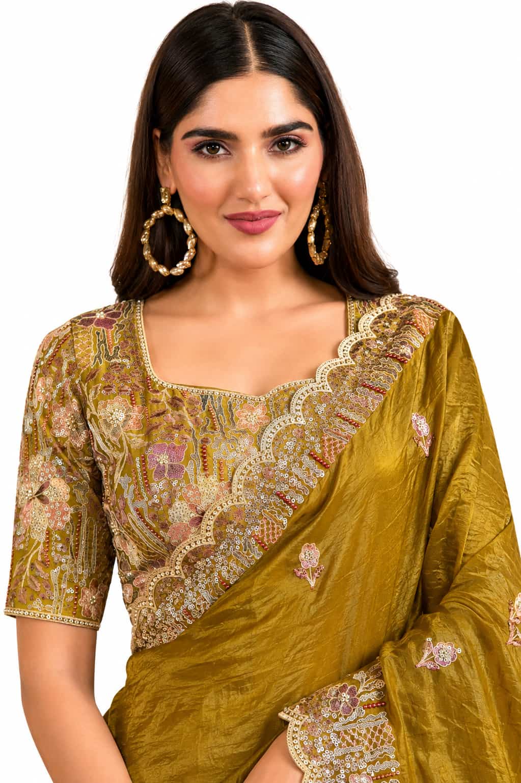 Olive Gold Crush Paper Silk Saree - Naksh Creation