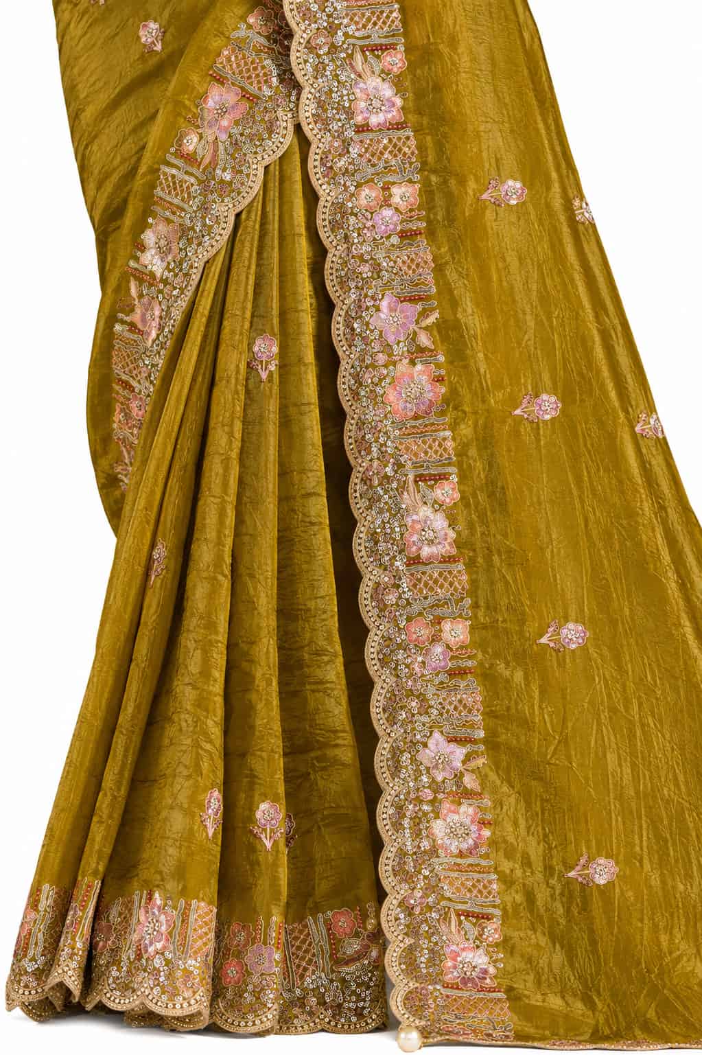 Olive Gold Crush Paper Silk Saree - Naksh Creation
