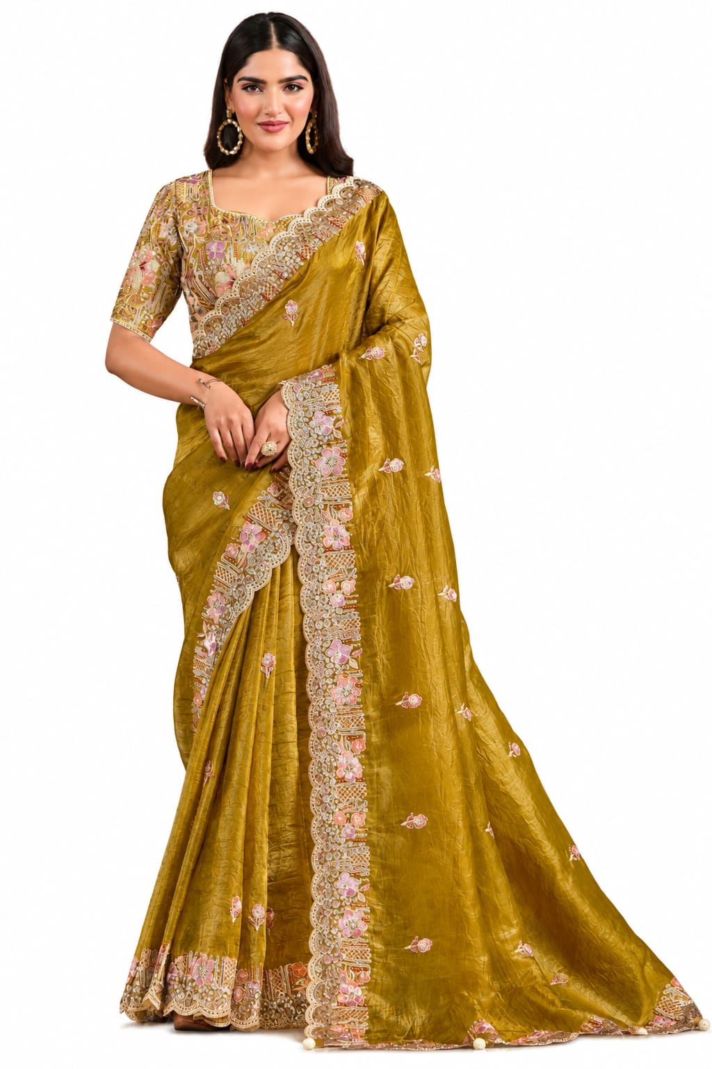 Olive Gold Crush Paper Silk Saree - Naksh Creation