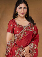 Red Upada Silk Sequins & Cord Embroidered with Stone Work Saree - View 2