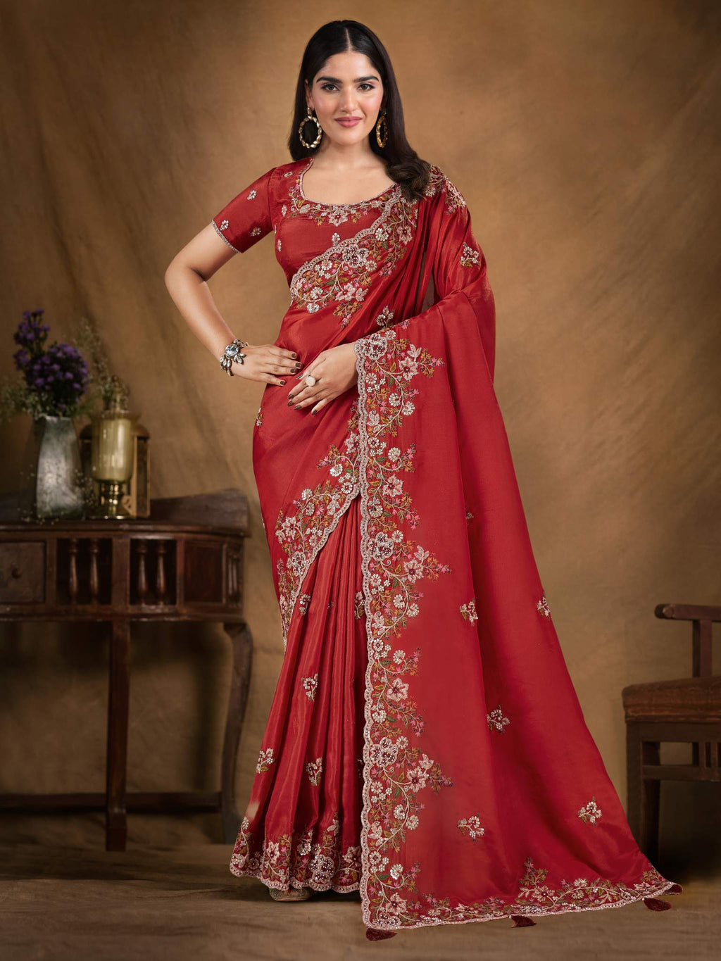 Red Upada Silk Sequins & Cord Embroidered with Stone Work Saree - View 1