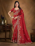 Red Upada Silk Sequins & Cord Embroidered with Stone Work Saree - View 1