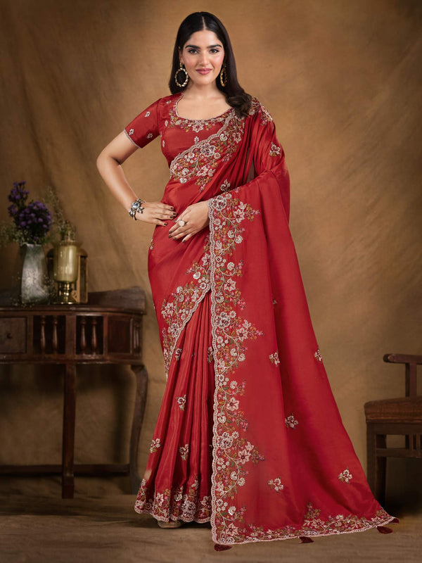 Red Upada Silk Sequins & Cord Embroidered with Stone Work Saree - View 1