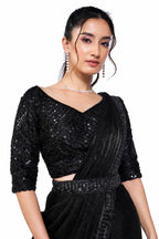 Black Two Tone Satin Silk Ready to Wear Drape Saree with Handwork Blouse and Belt