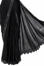 Black Two Tone Satin Silk Ready to Wear Drape Saree with Handwork Blouse and Belt