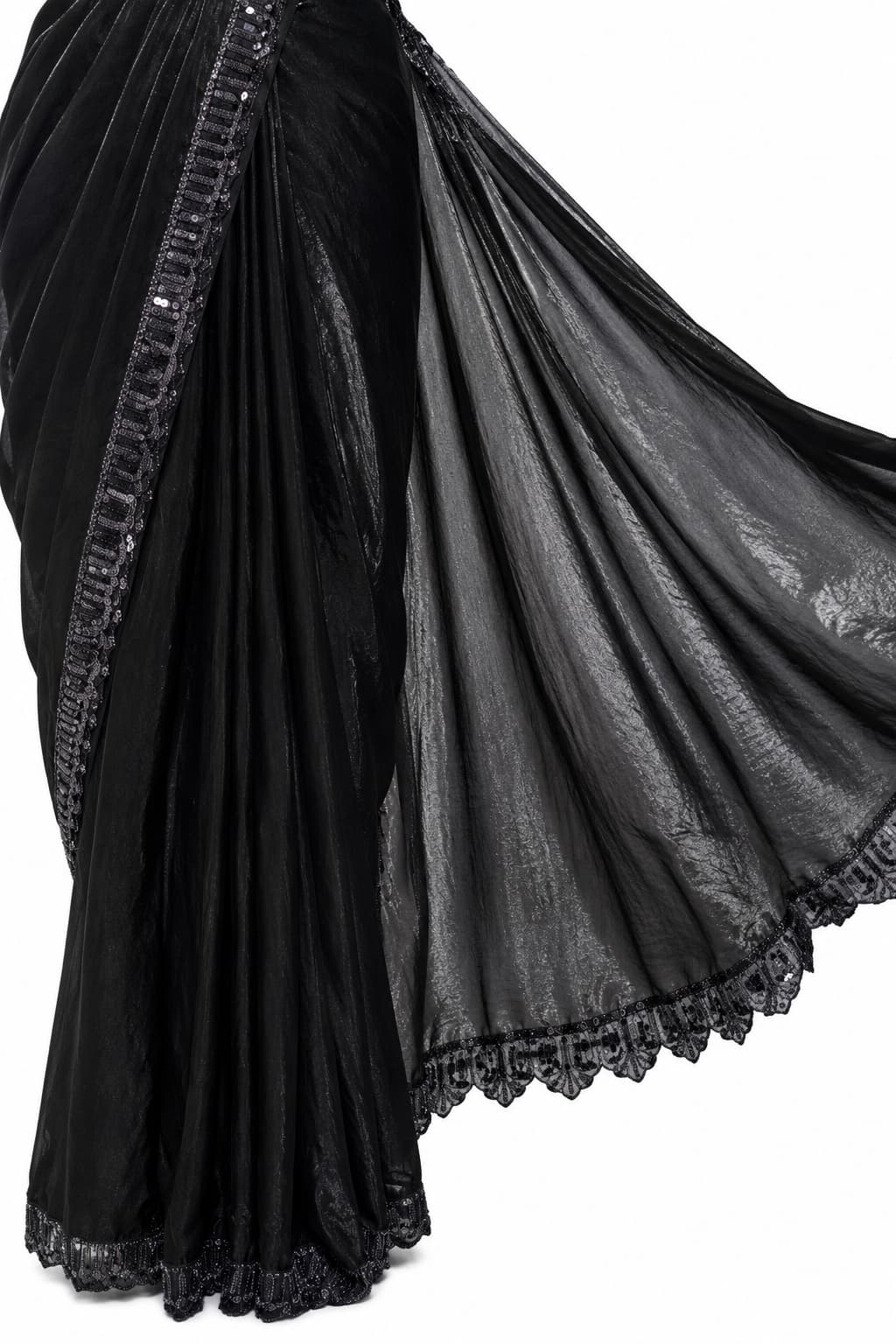 Black Two Tone Satin Silk Ready to Wear Drape Saree with Handwork Blouse and Belt