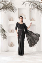 Jet Black Two Tone Satin Silk Drape Saree with Pure Khatli Handwork