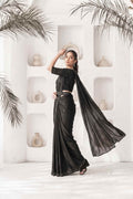 Jet Black Two Tone Satin Silk Drape Saree with Pure Khatli Handwork