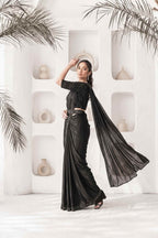 Jet Black Two Tone Satin Silk Drape Saree with Pure Khatli Handwork