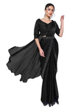 Black Two Tone Satin Silk Ready to Wear Drape Saree with Handwork Blouse and Belt