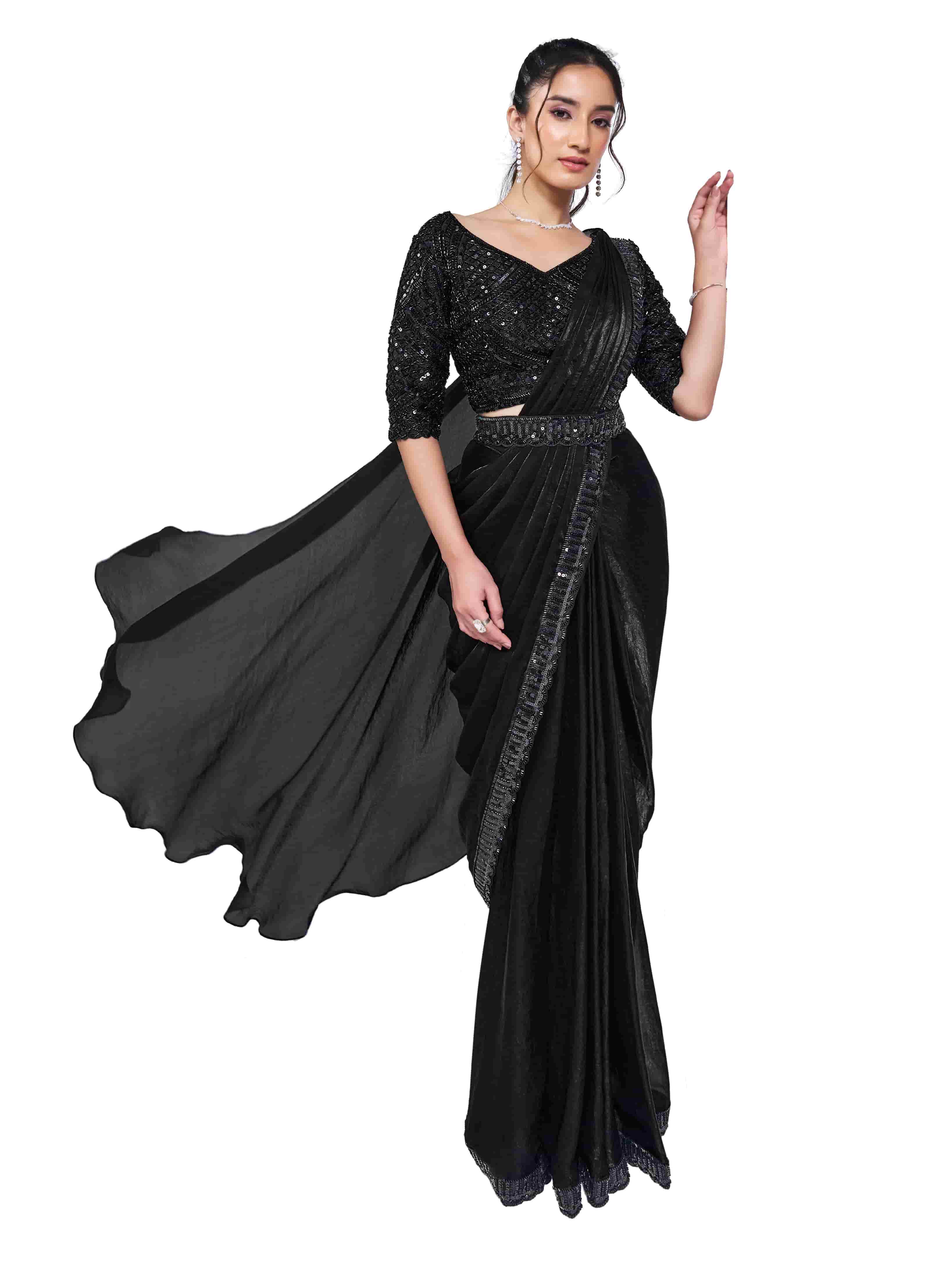 Black Two Tone Satin Silk Ready to Wear Drape Saree with Handwork Blouse and Belt