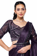 Dark Plum Crepe Satin Silk Ready to Wear Drape Saree with Handwork Blouse and Belt