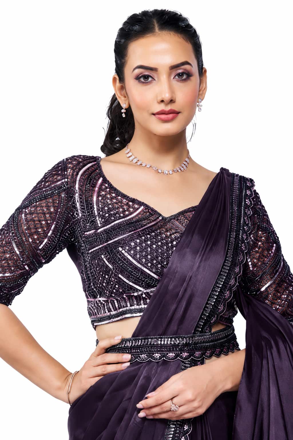Dark Plum Crepe Satin Silk Ready to Wear Drape Saree with Handwork Blouse and Belt