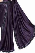 Dark Plum Crepe Satin Silk Ready to Wear Drape Saree with Handwork Blouse and Belt