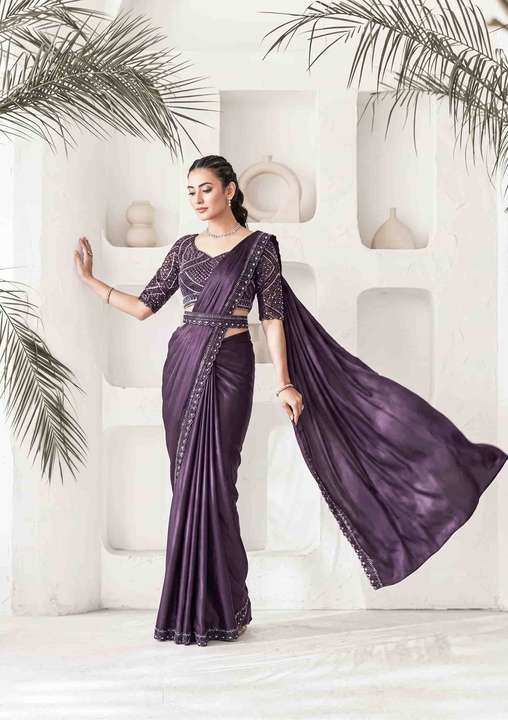 Aubergine Crepe Satin Silk Drape Saree with Pure Khatli Handwork