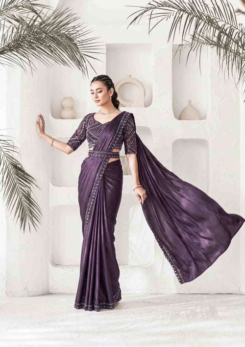 Aubergine Crepe Satin Silk Drape Saree with Pure Khatli Handwork