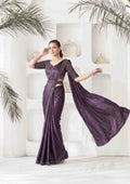Aubergine Crepe Satin Silk Drape Saree with Pure Khatli Handwork