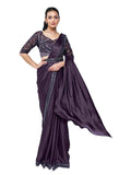 Dark Plum Crepe Satin Silk Ready to Wear Drape Saree with Handwork Blouse and Belt