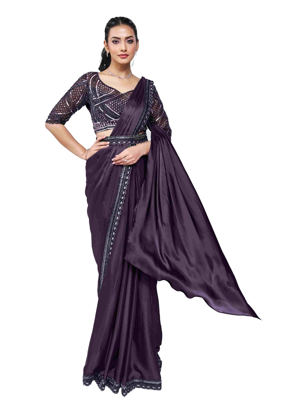 Dark Plum Crepe Satin Silk Ready to Wear Drape Saree with Handwork Blouse and Belt