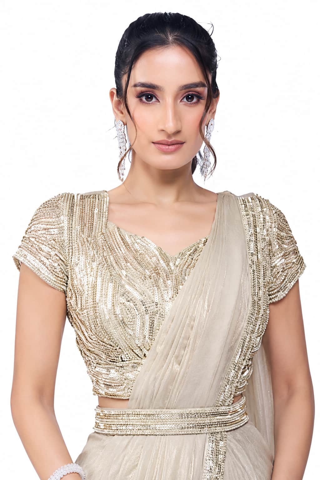 Champagne Beige Two Tone Satin Silk Ready to Wear Drape Saree with Handwork Blouse and Belt
