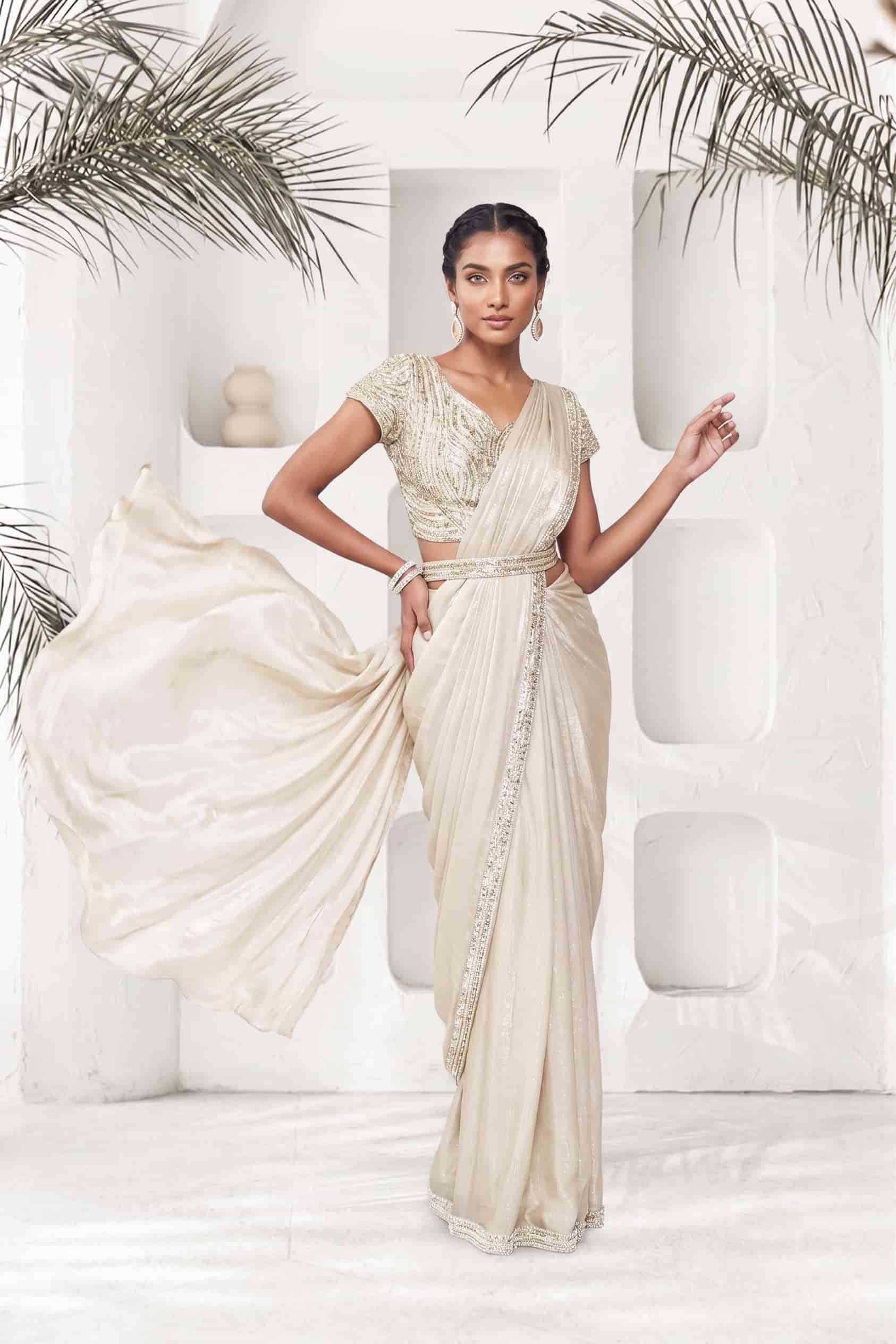 Midnight Blue Two Tone Satin Silk Drape Saree with Pure Khatli Handwork