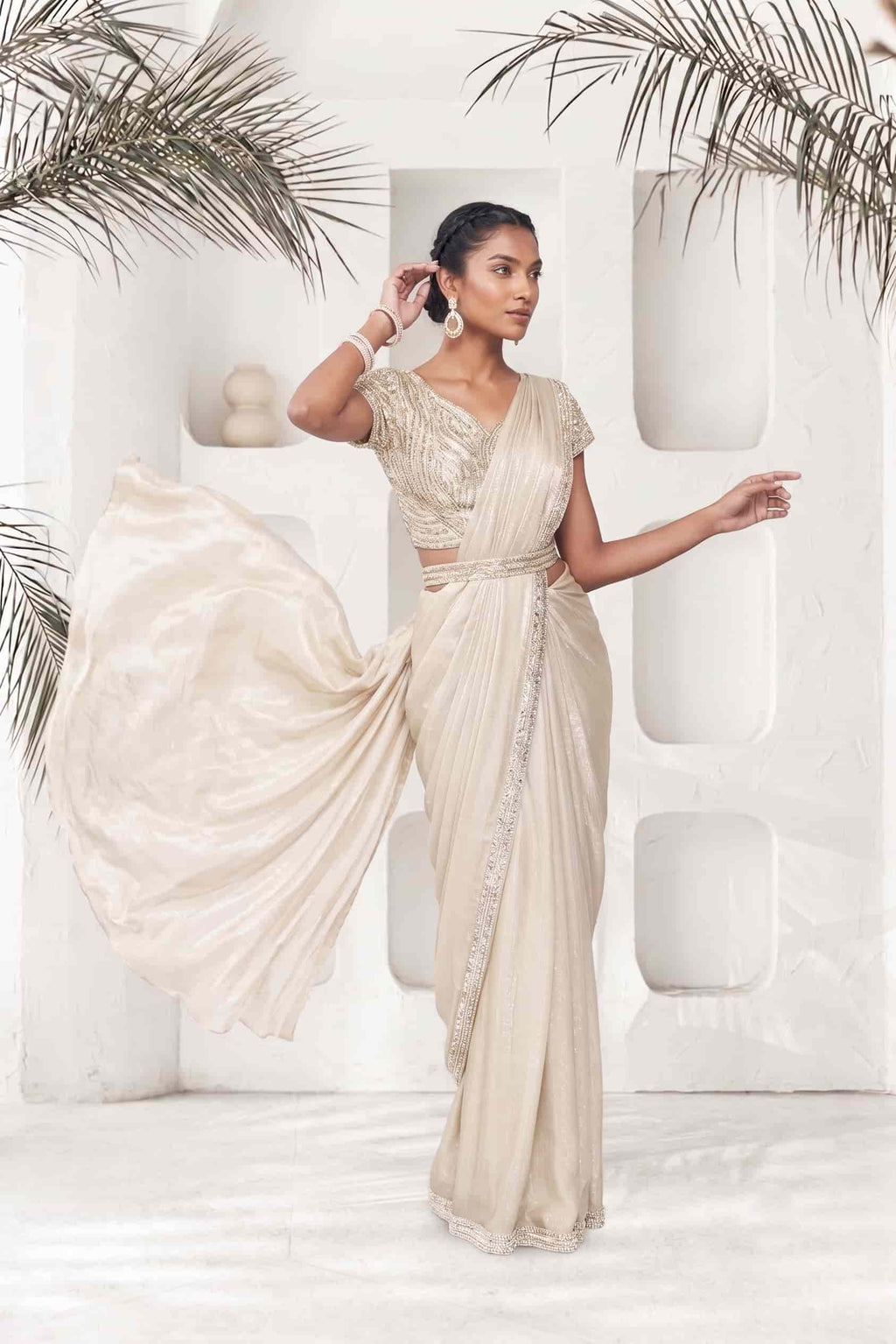 Midnight Blue Two Tone Satin Silk Drape Saree with Pure Khatli Handwork
