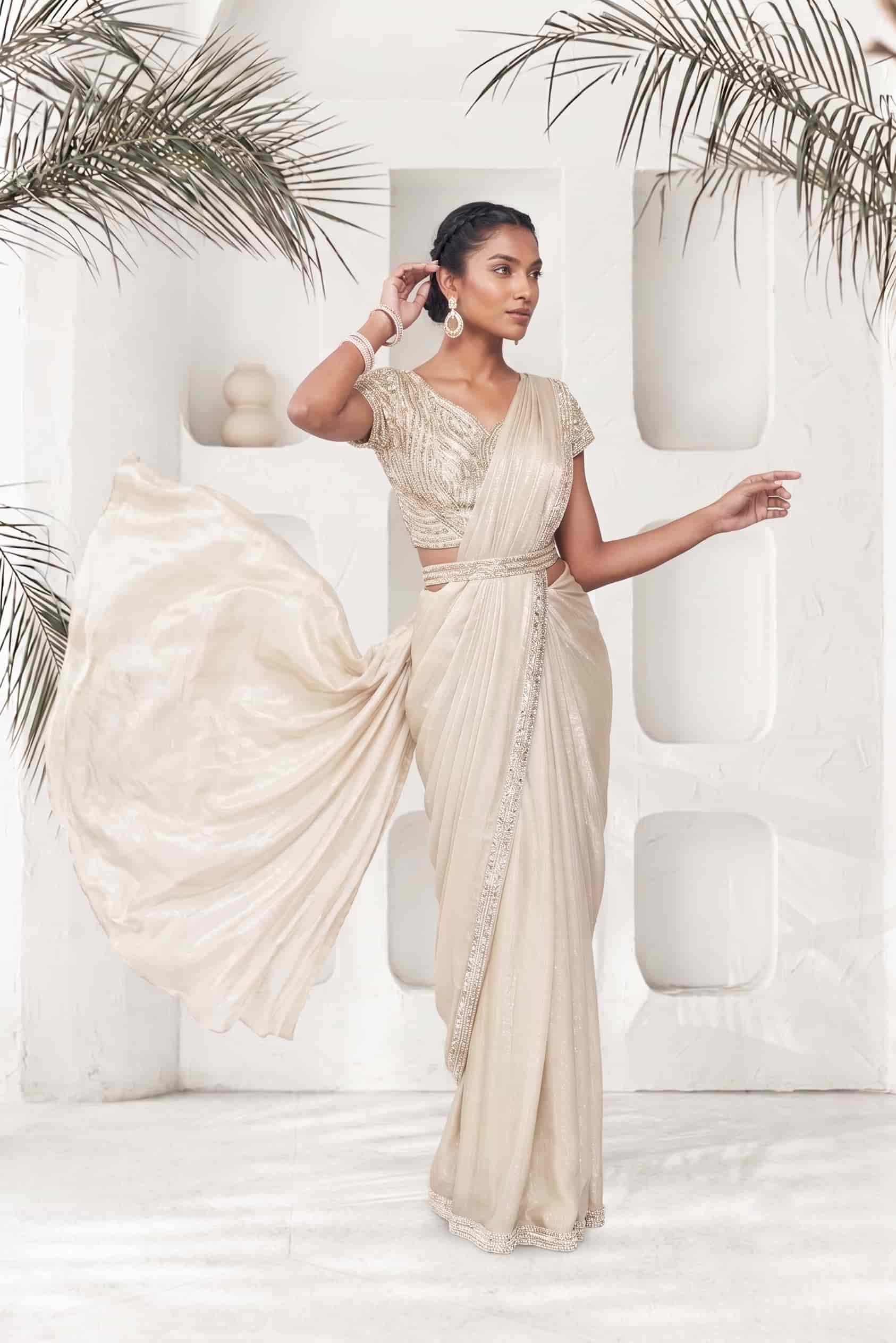 Ivory Two Tone Satin Silk Drape Saree with Pure Khatli Handwork