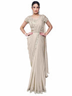 Champagne Beige Two Tone Satin Silk Ready to Wear Drape Saree with Handwork Blouse and Belt
