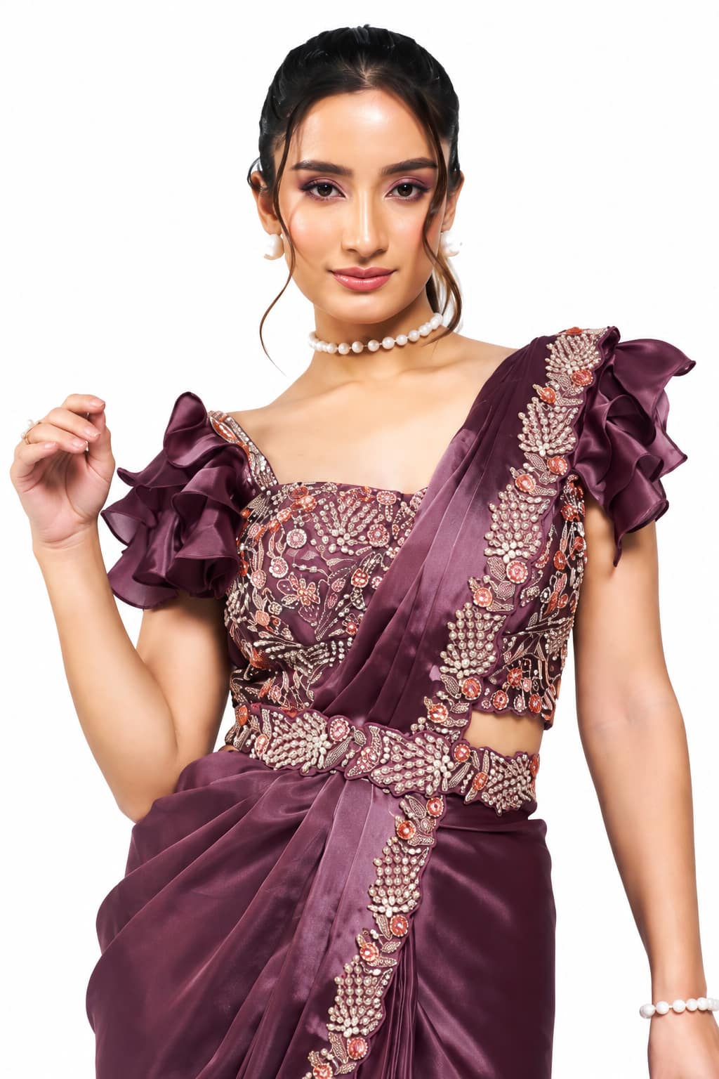 Mauve Purple Crepe Satin Silk Ready to Wear Drape Saree with Handwork Blouse and Belt