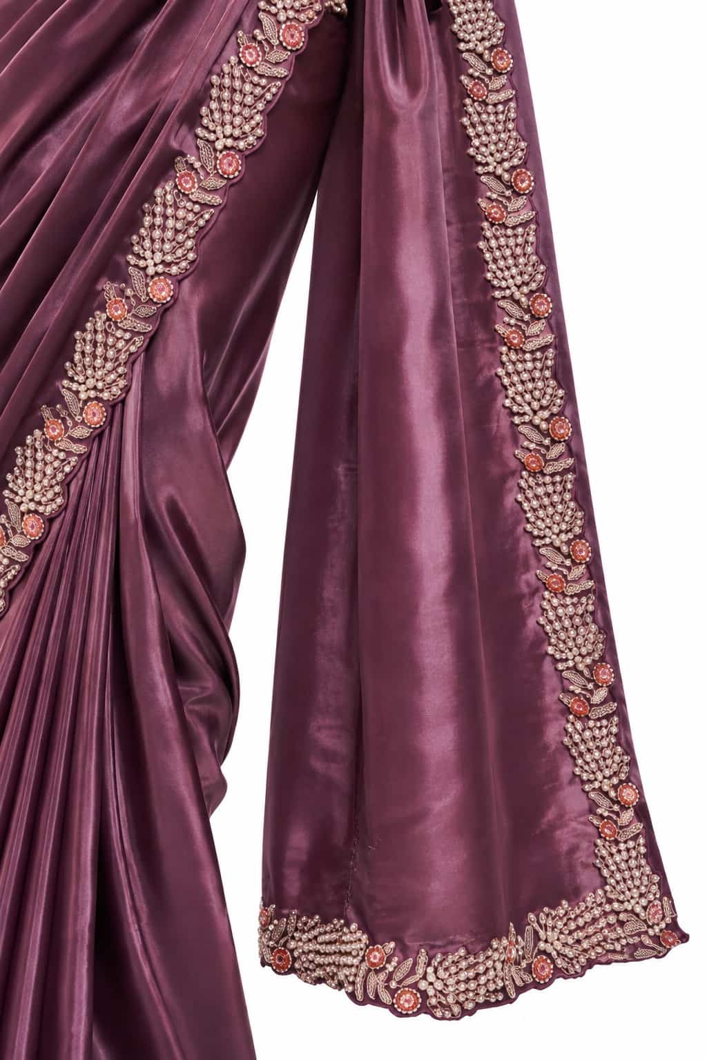 Mauve Purple Crepe Satin Silk Ready to Wear Drape Saree with Handwork Blouse and Belt