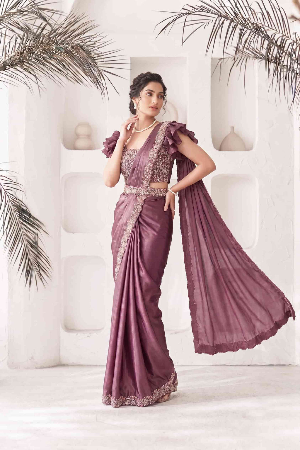 Mauve Crepe Satin Silk Drape Saree with Pure Khatli Handwork