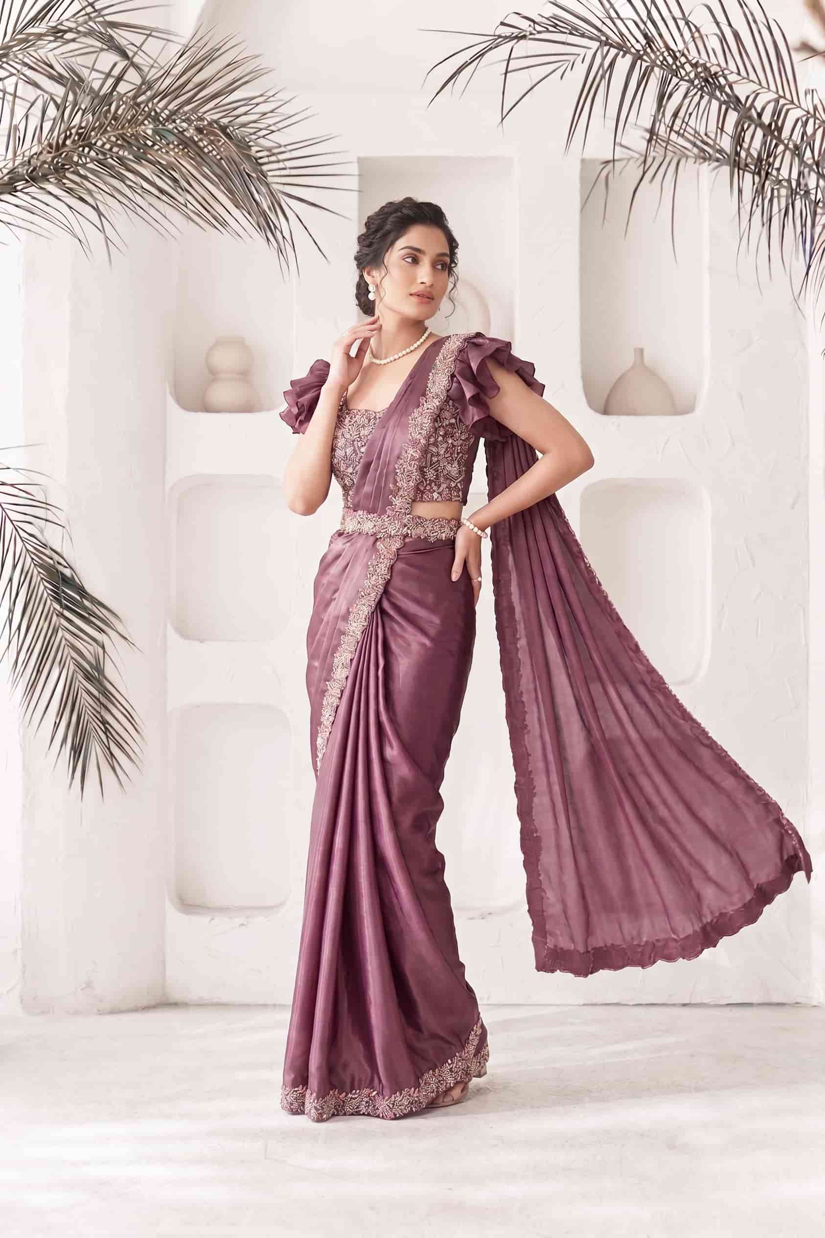 Mauve Crepe Satin Silk Drape Saree with Pure Khatli Handwork