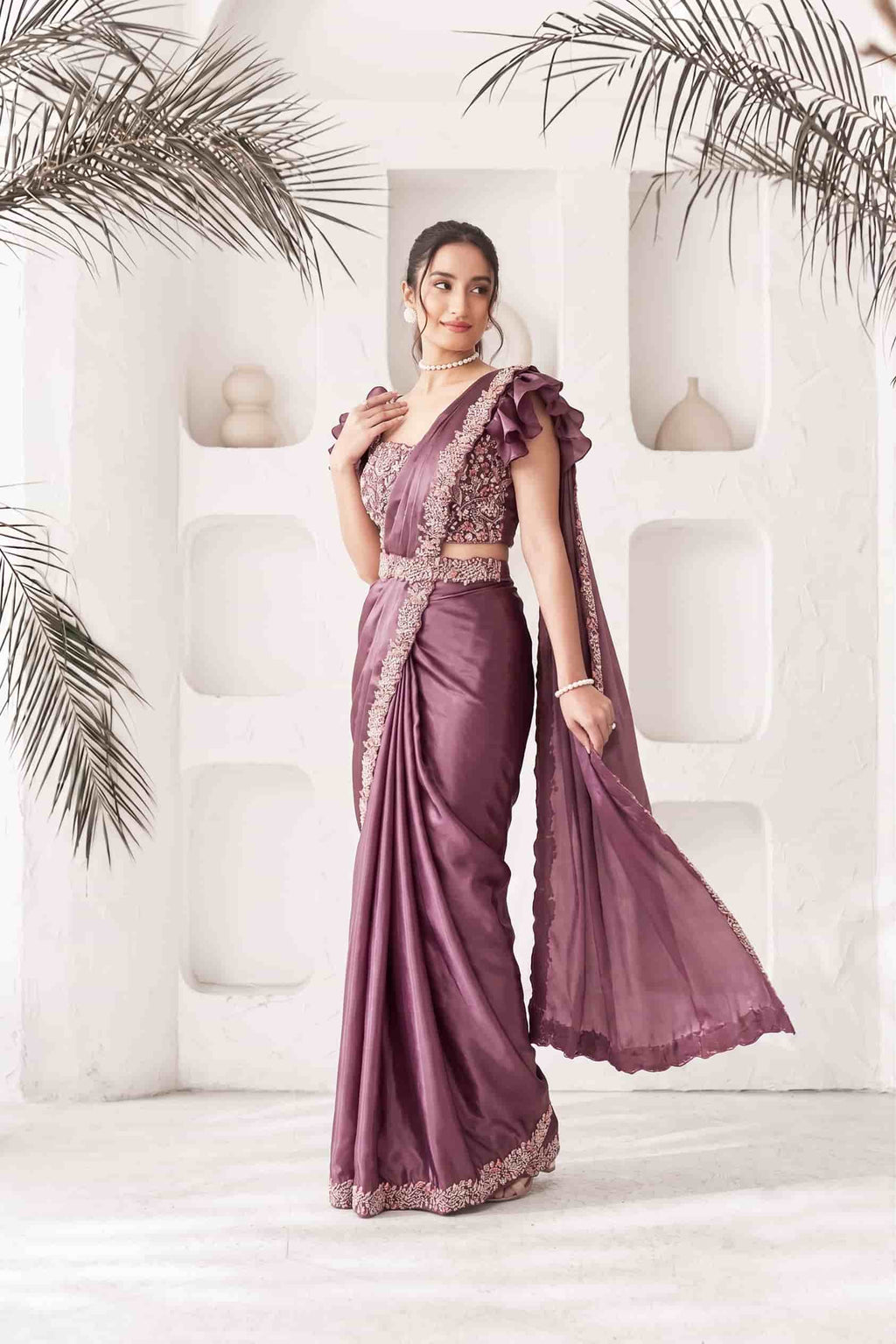 Mauve Crepe Satin Silk Drape Saree with Pure Khatli Handwork