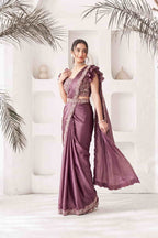 Mauve Crepe Satin Silk Drape Saree with Pure Khatli Handwork