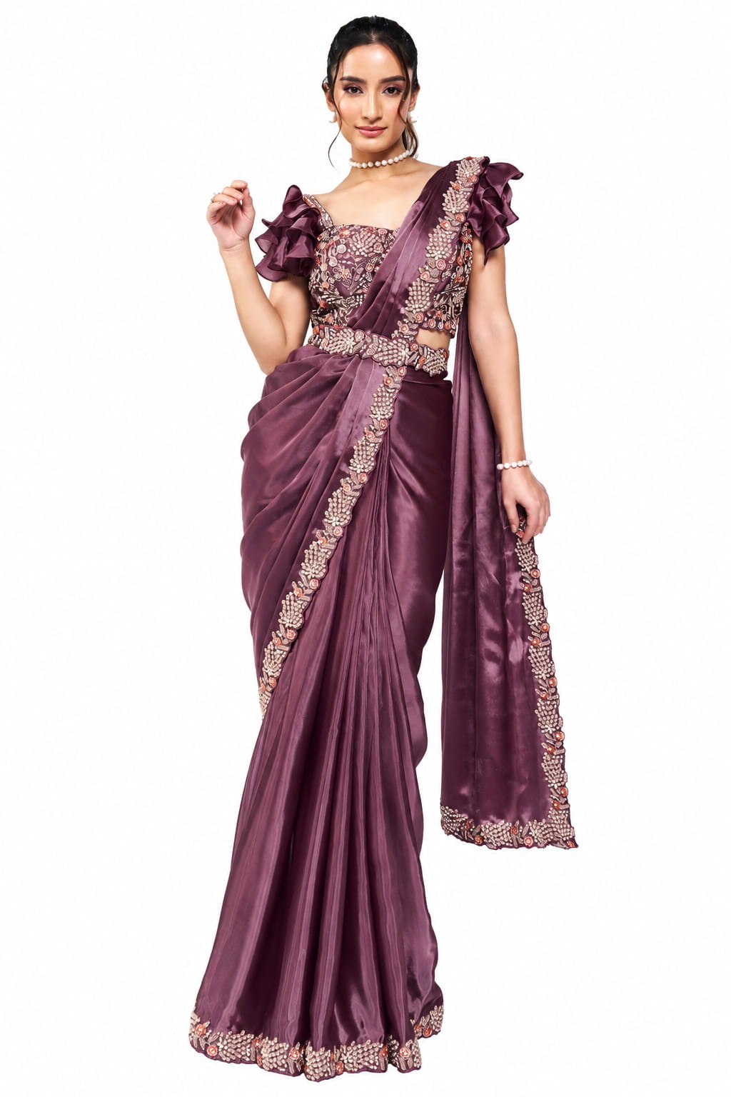Mauve Purple Crepe Satin Silk Ready to Wear Drape Saree with Handwork Blouse and Belt