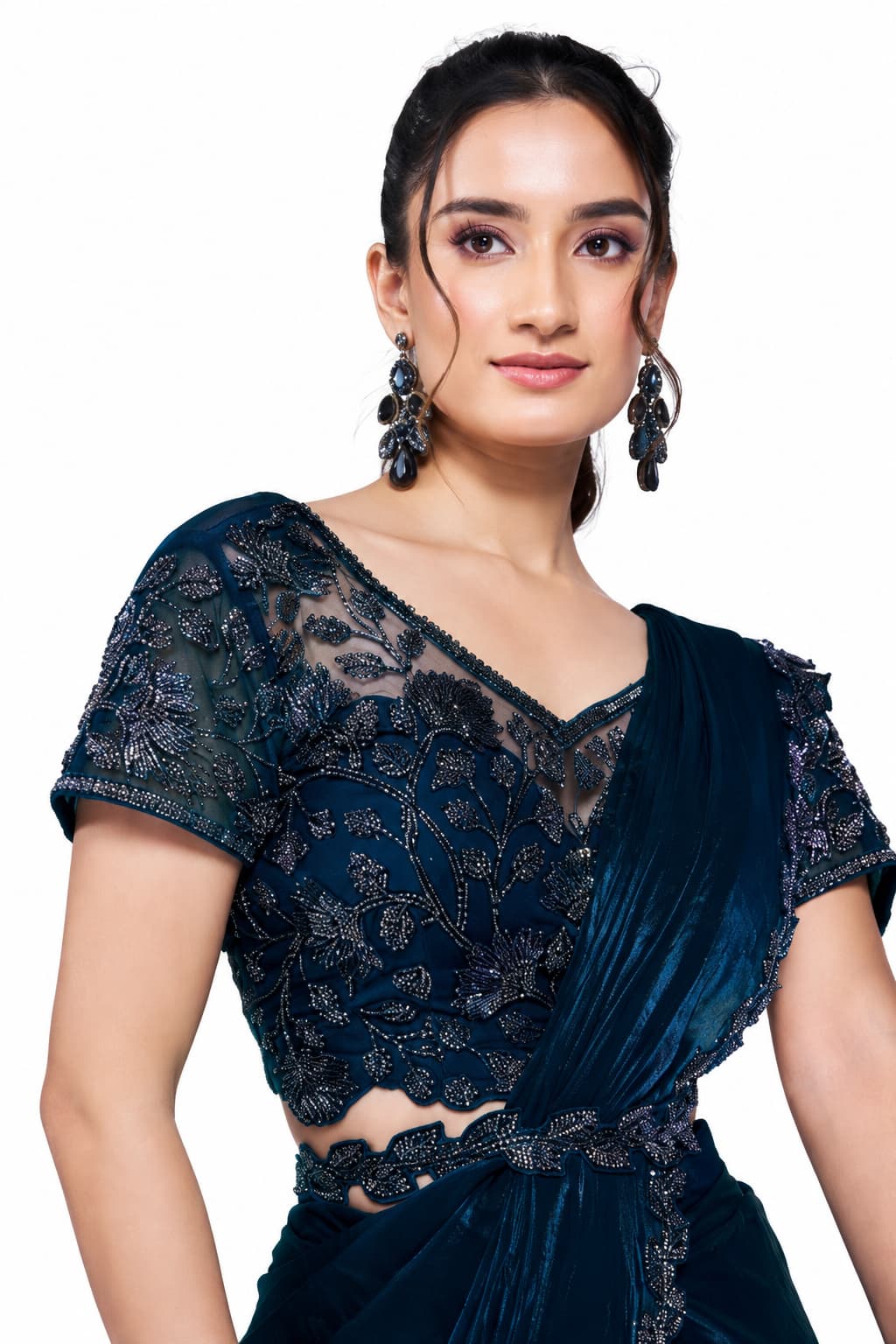 Teal Blue Two Tone Satin Silk Ready to Wear Drape Saree with Handwork Blouse and Belt