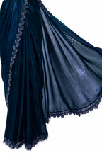 Teal Blue Two Tone Satin Silk Ready to Wear Drape Saree with Handwork Blouse and Belt