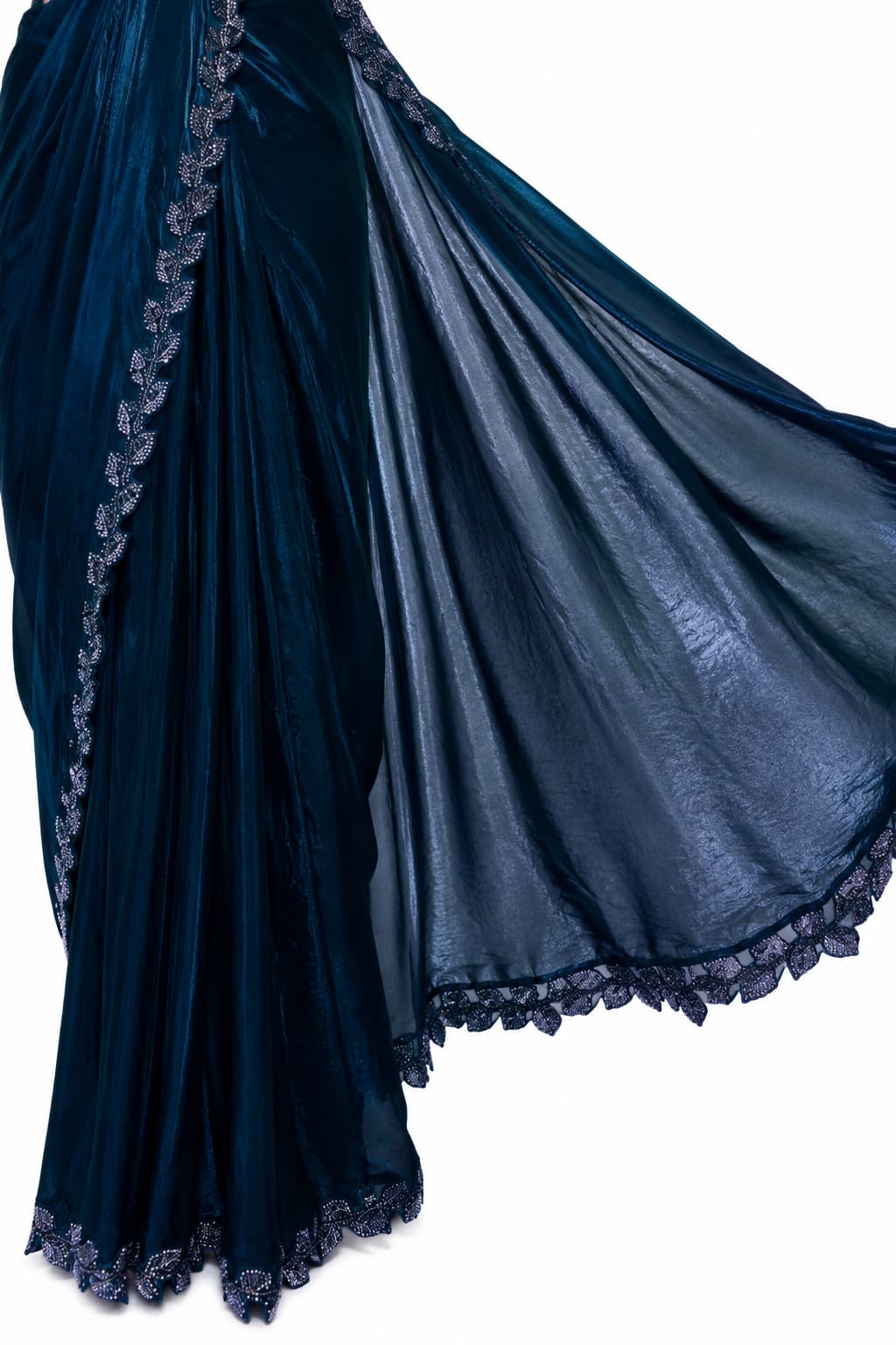 Teal Blue Two Tone Satin Silk Ready to Wear Drape Saree with Handwork Blouse and Belt