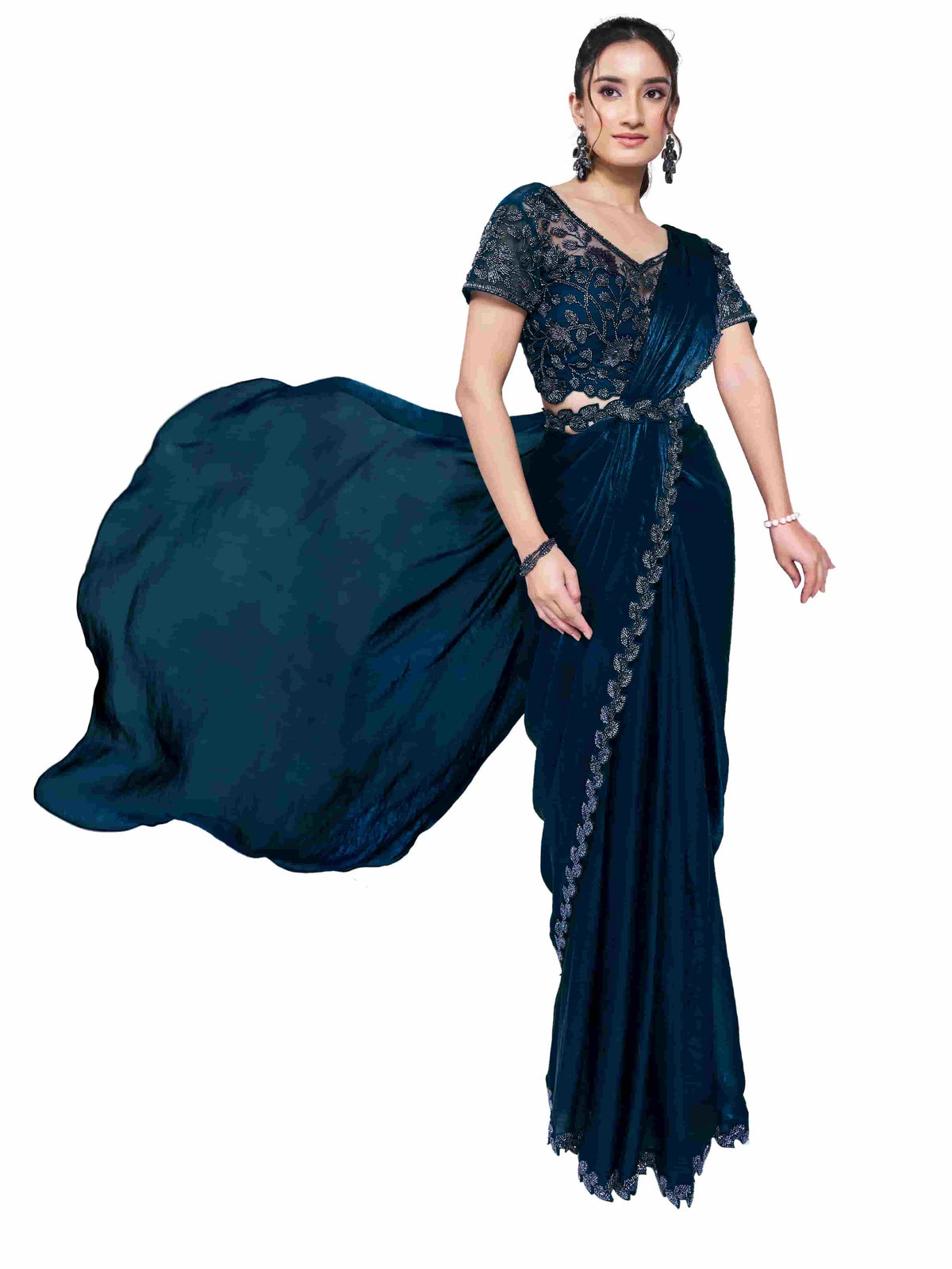 Teal Blue Two Tone Satin Silk Ready to Wear Drape Saree with Handwork Blouse and Belt