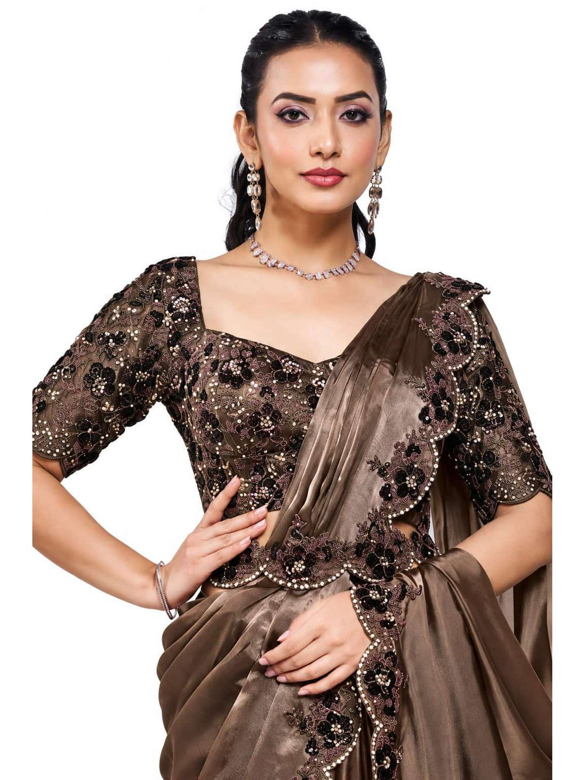 Coffee Brown Crepe Satin Silk Ready to Wear Drape Saree with Handwork Blouse and Belt