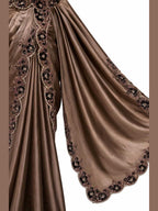 Coffee Brown Crepe Satin Silk Ready to Wear Drape Saree with Handwork Blouse and Belt